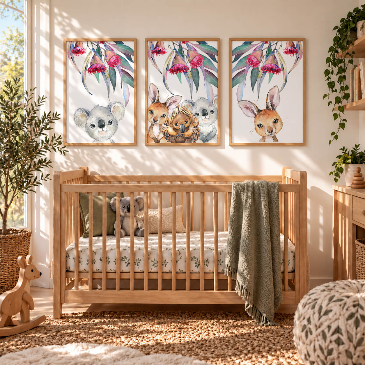 Australian animal wall art for girls featuring native animals with pink blossoms