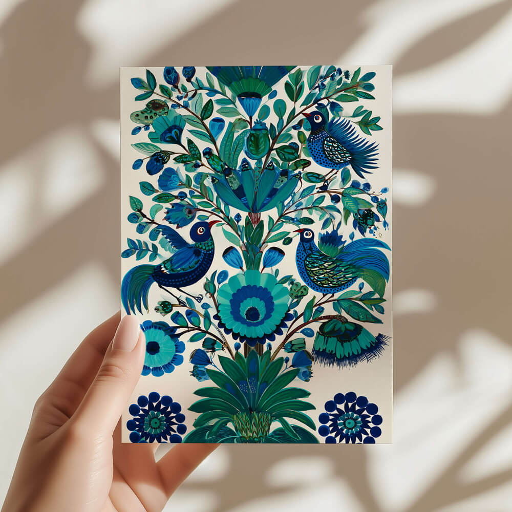 Blue Folk Bird Wall Art Print | Nordic Folk Style Decor