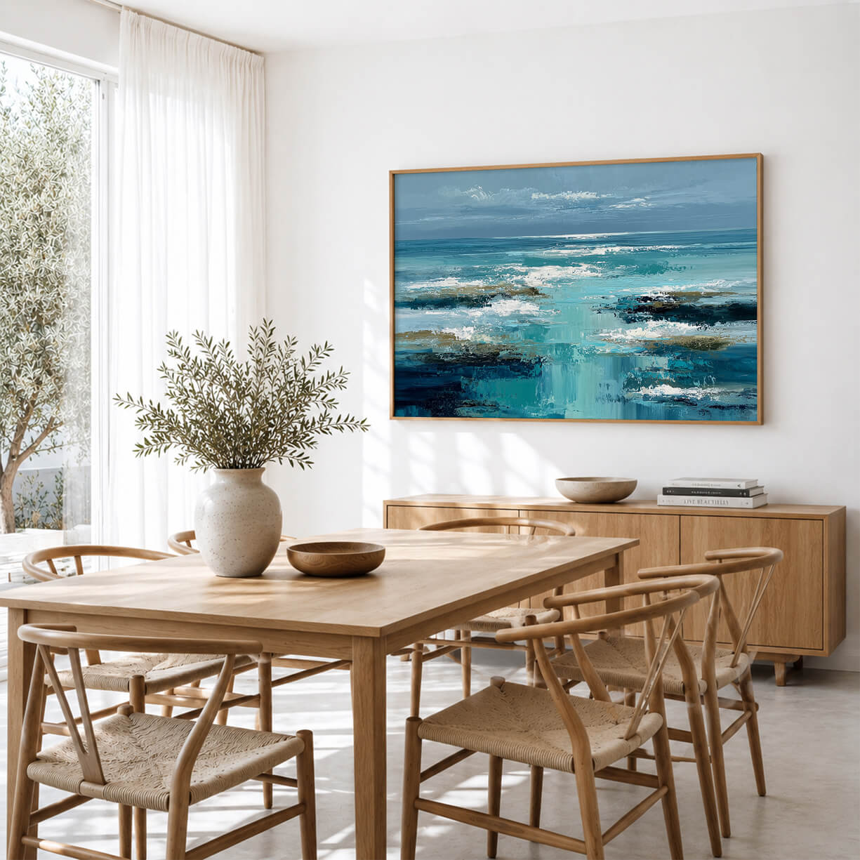 Abstract coastal wall art featuring textured blue ocean waves in a modern painterly style, available as a premium  framed canvas.