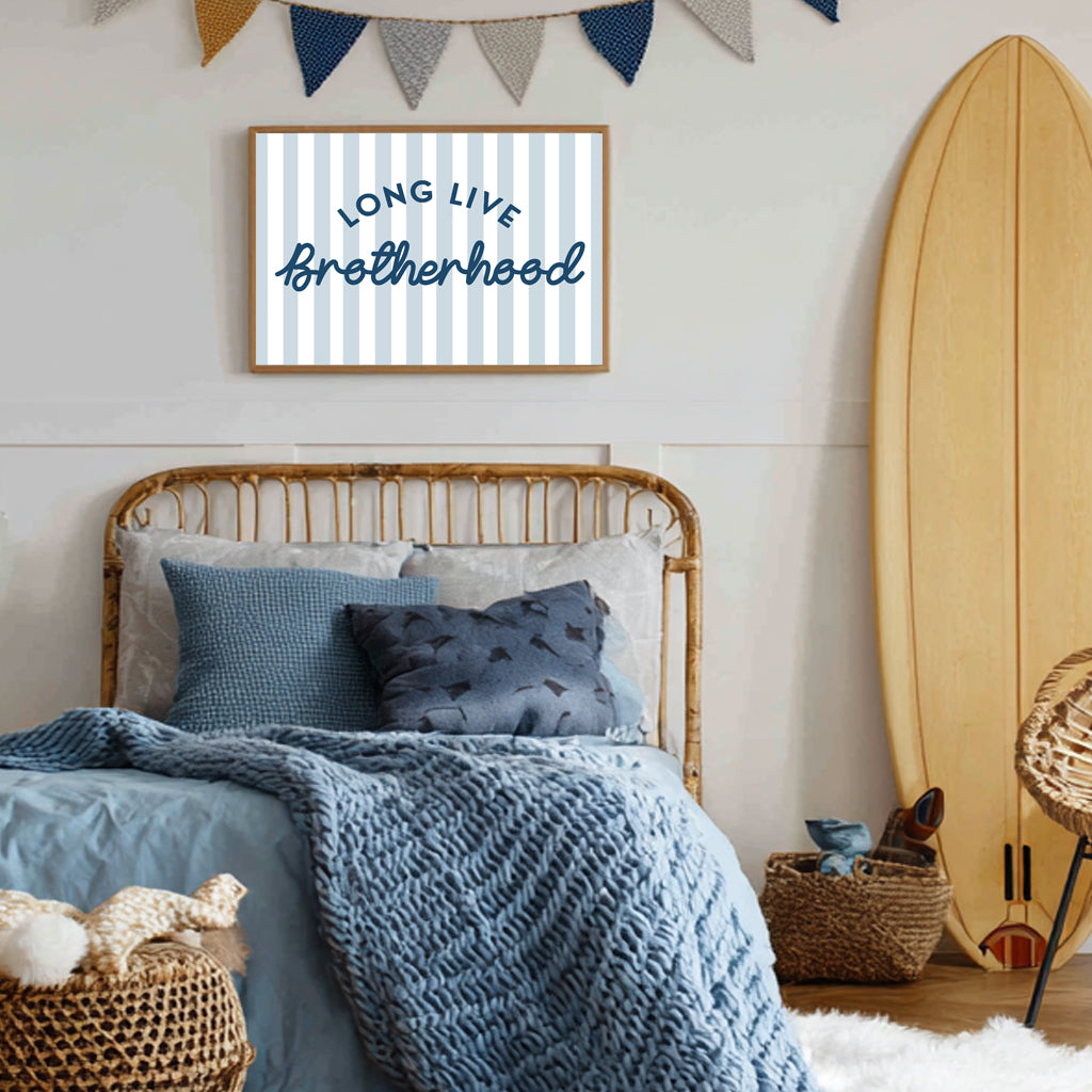 Framed artwork with 'LONG LIVE Brotherhood' text on a striped background