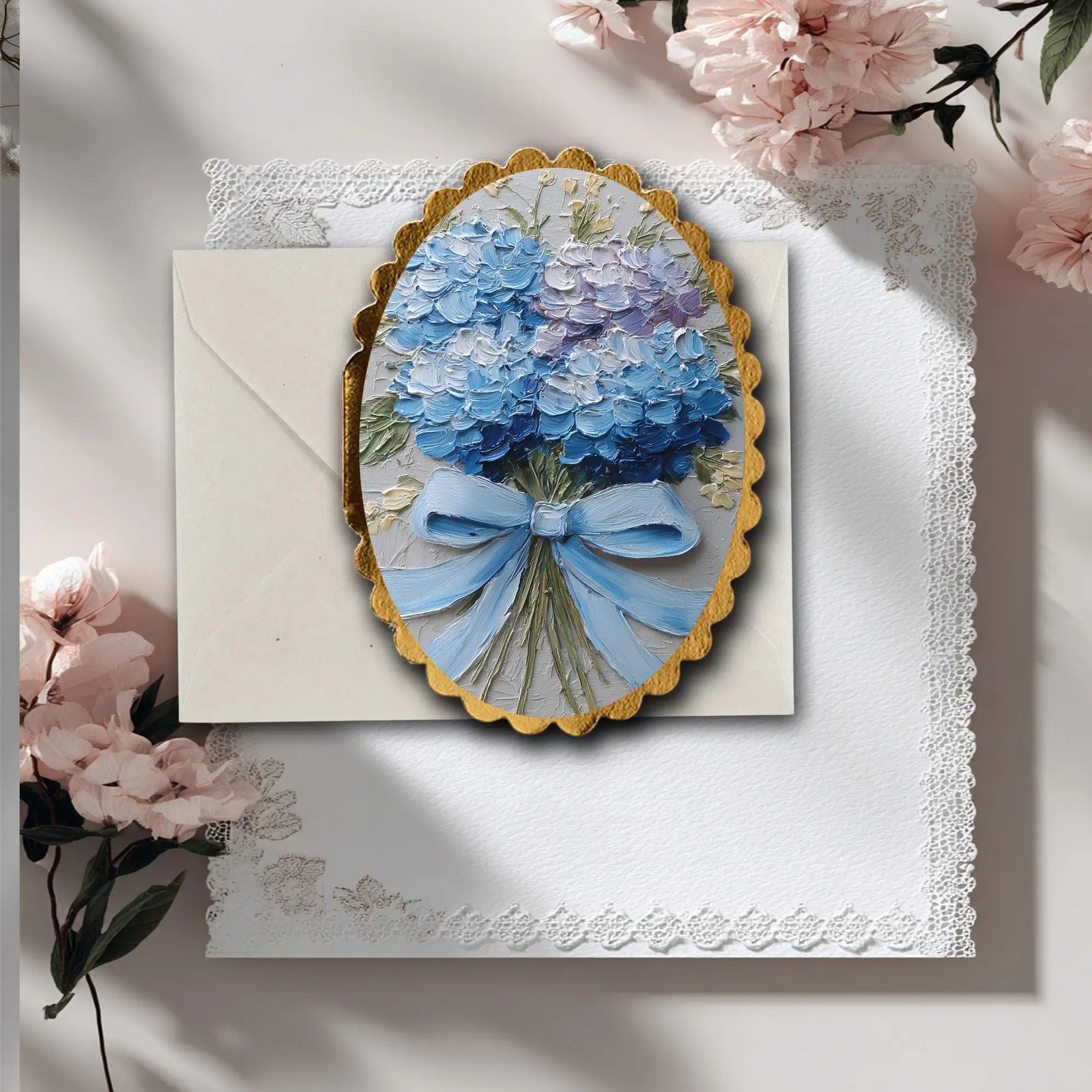 Decorative card with blue flowers and a bow