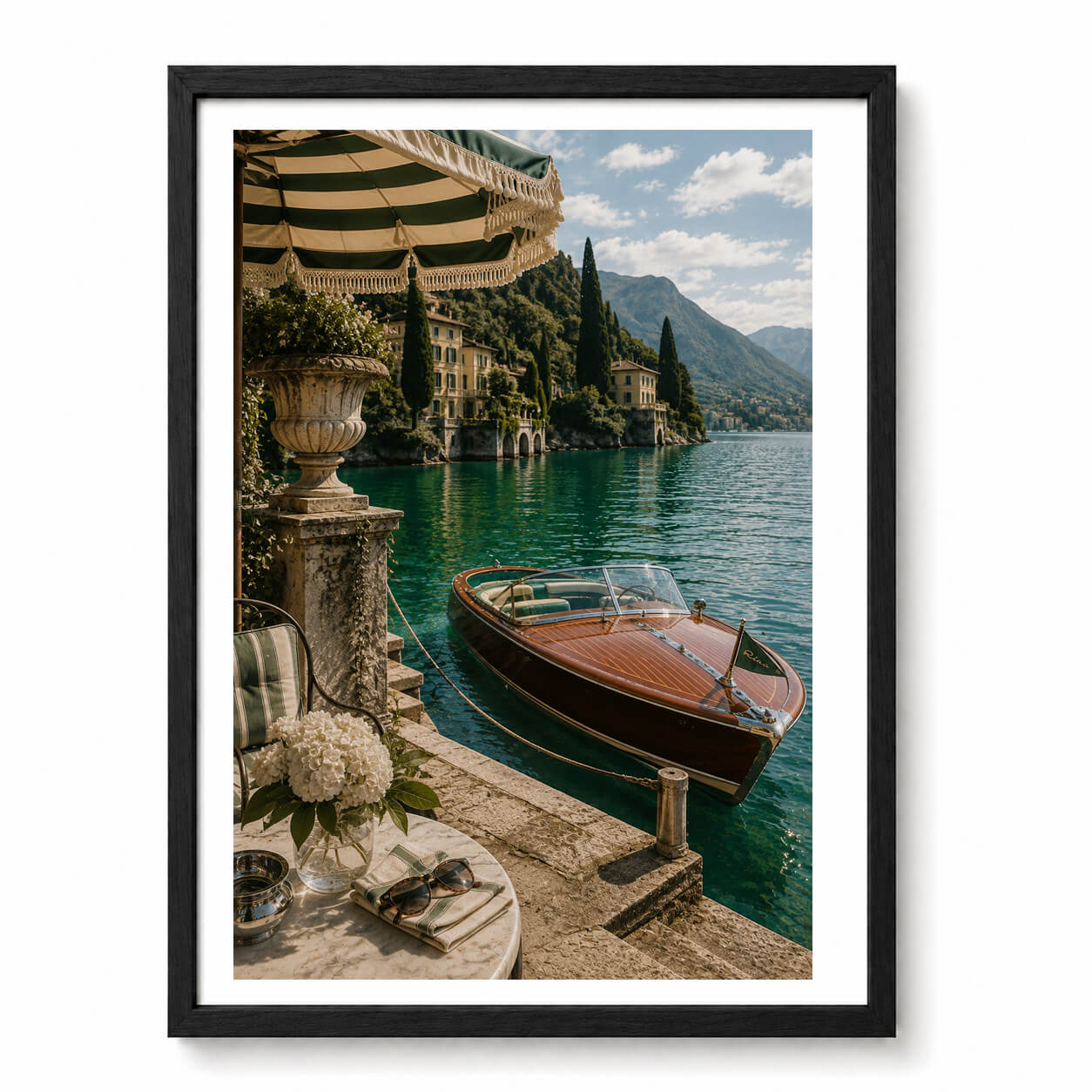 Mediterranean wall art featuring a wooden boat on emerald water with Italian coastal villas