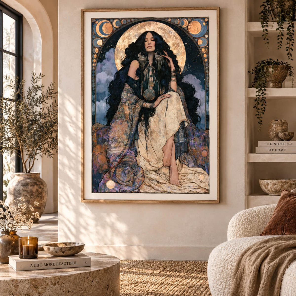 Boho goddess wall art print featuring a mystical woman with celestial details in plum, teal and warm pink tones