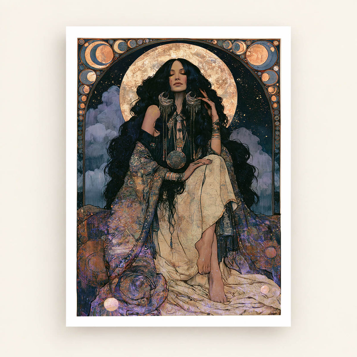 Bohemian goddess art print with radiant sun halo, flowing dark hair and intricate celestial motifs