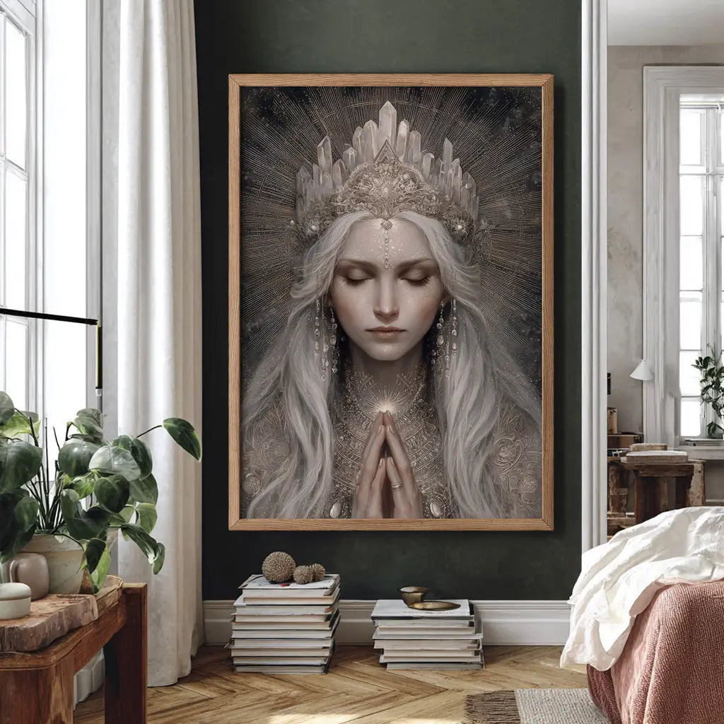 Feminine energy wall art depicting a goddess adorned with crystals and spiritual symbolism