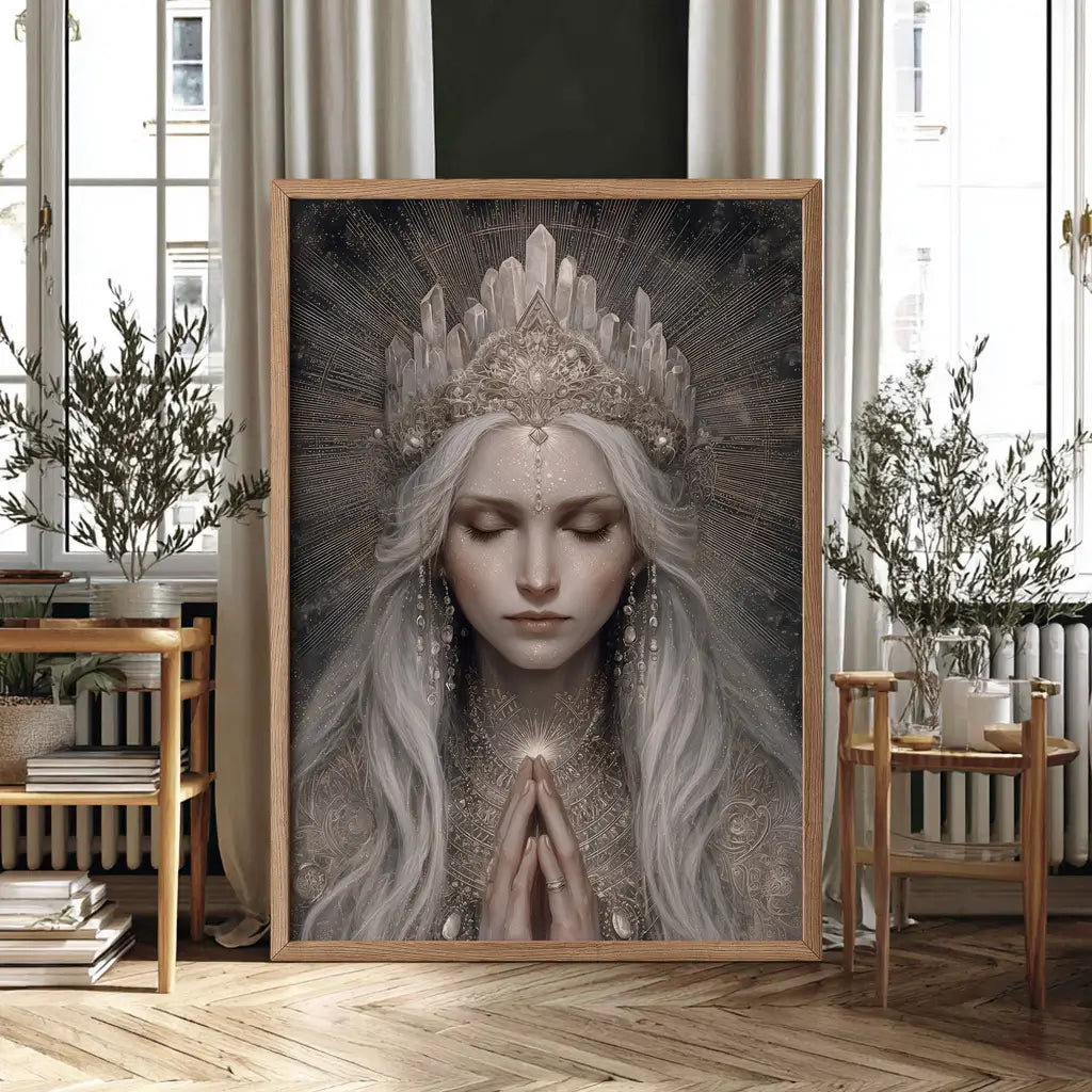 Boho spiritual goddess print showing feminine energy with crystals and soft ethereal colours