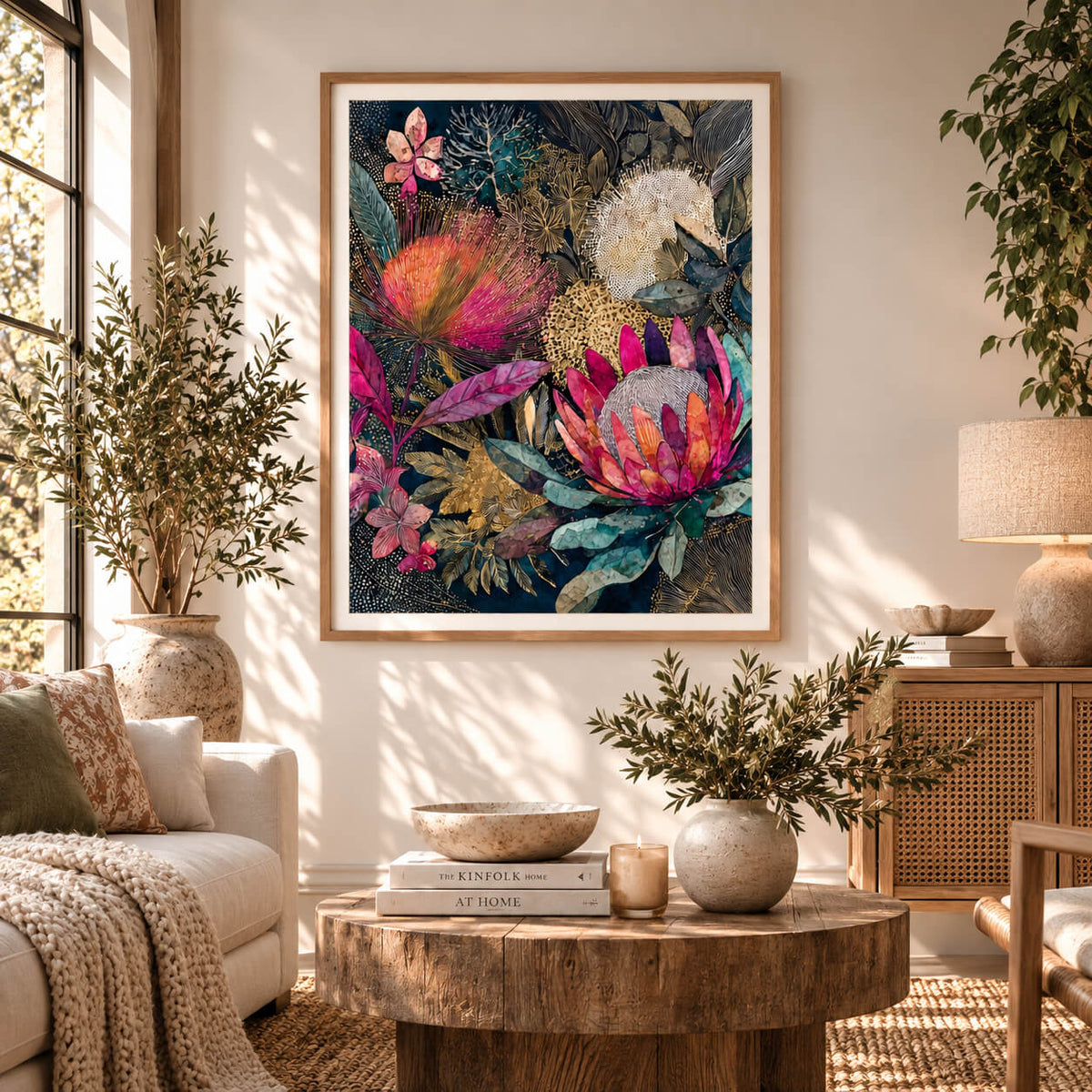 Australian native floral wall art displayed in a natural timber frame in a modern living room