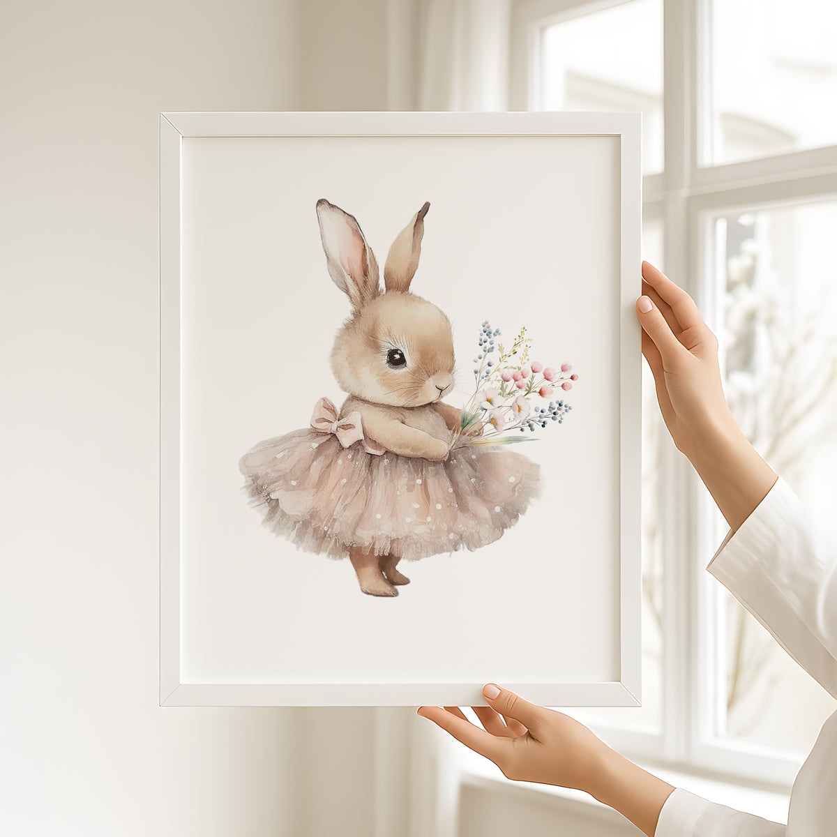 Bunny girl nursery wall art set featuring a bunny in a tutu holding wildflowers in soft pastel tones