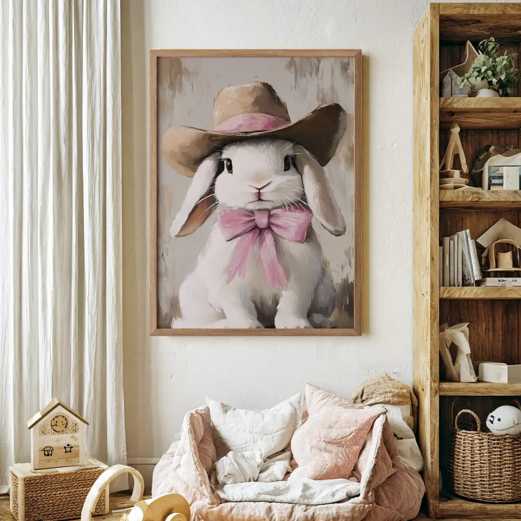 Cute bunny nursery art with pink coquette bow and cowgirl hat in soft pastel style