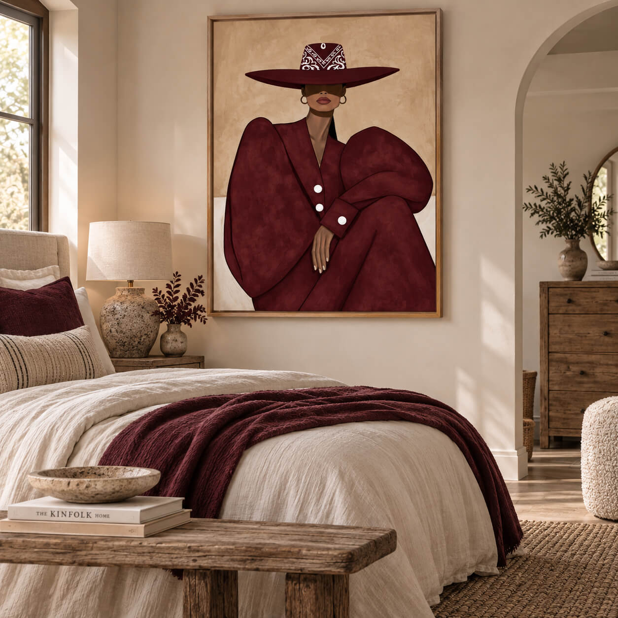 Burgundy cowgirl wall art featuring a stylish woman in an oversized Western hat