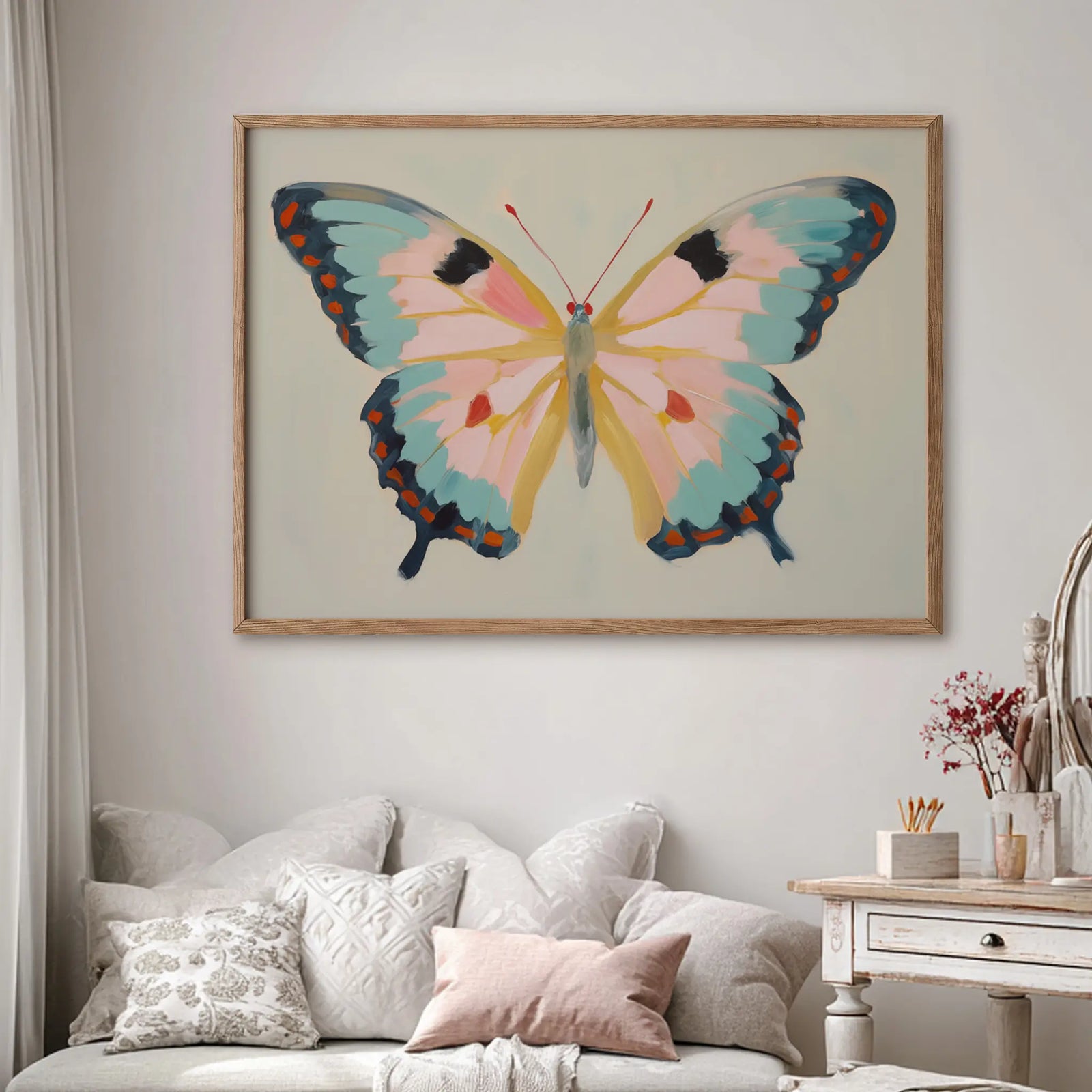 Pastel butterfly oil print for a girl’s bedroom, soft and whimsical wall art