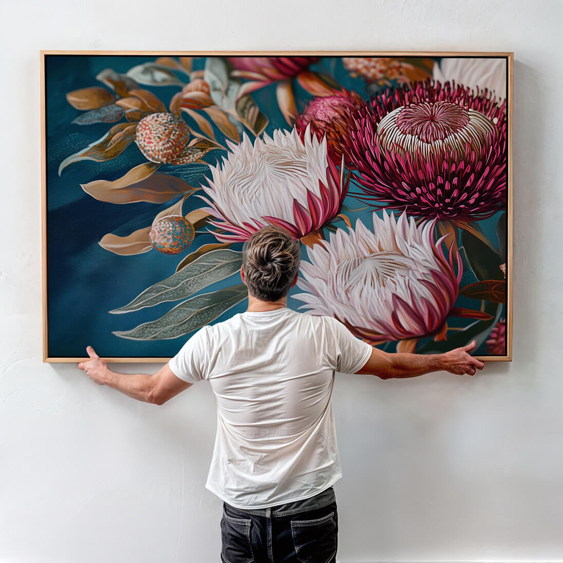 Large framed Australian botanical canvas print with pink waratah flowers and teal background