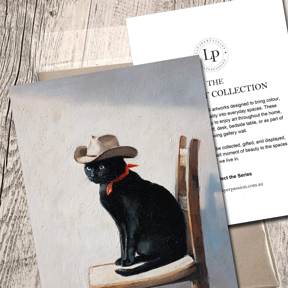 western black cat art print with red bandana and cowboy hat