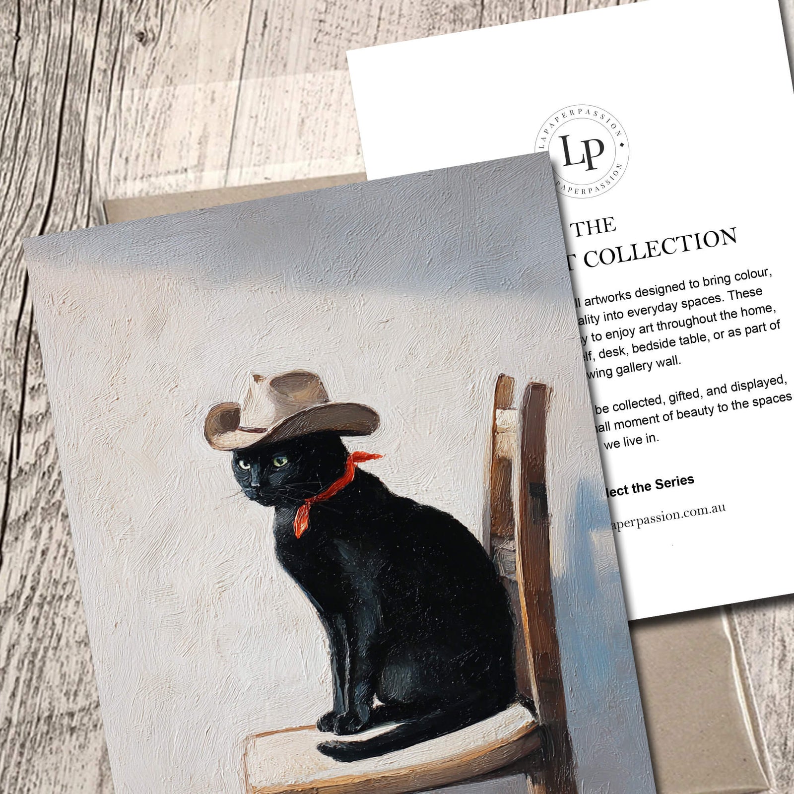 black cat wearing cowboy hat sitting on wooden chair painting style