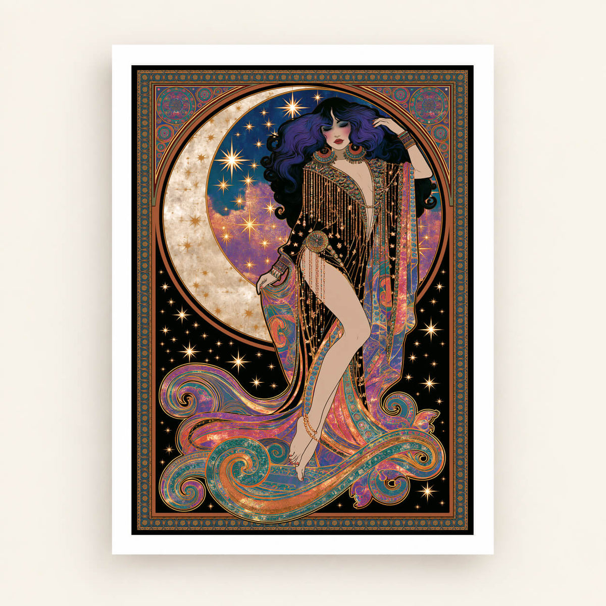 Art Deco wall art featuring a celestial woman with crescent moon and stars