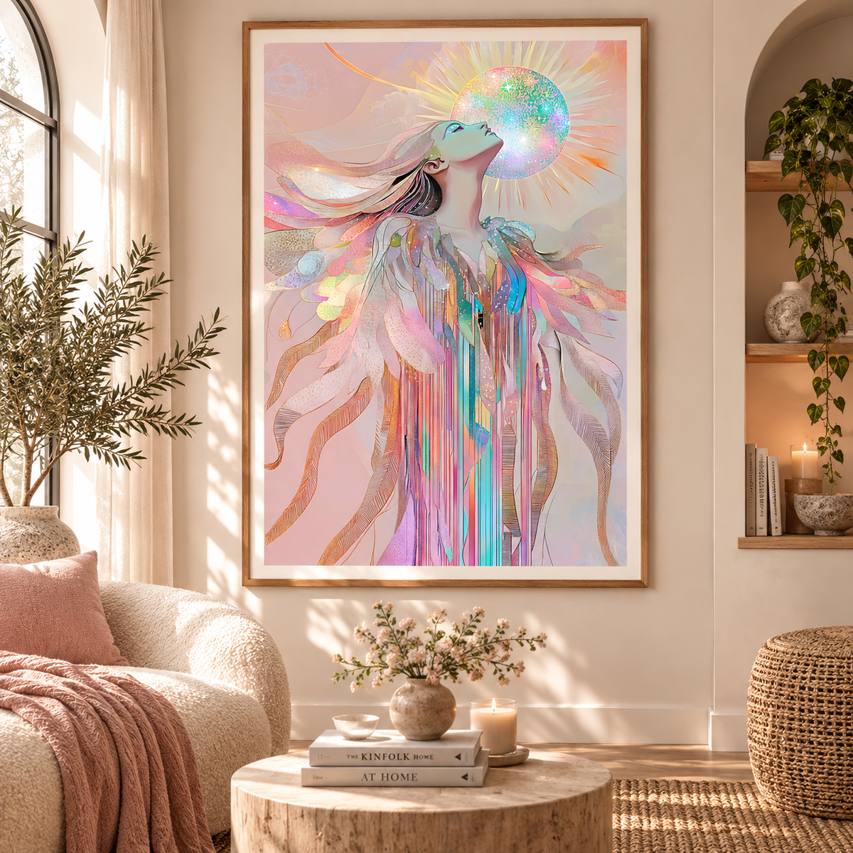 Colourful feminine celestial wall art in pink and pastel tones displayed above a bed in a boho bedroom
