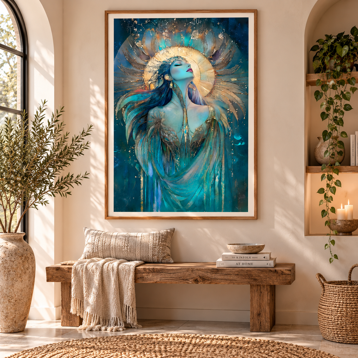 Mystical feminine wall art featuring an ethereal goddess surrounded by celestial gold details