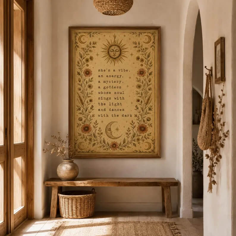 Celestial g wall art print featuring a vintage sun, crescent moon, stars and botanical flowers in warm earthy tones.
