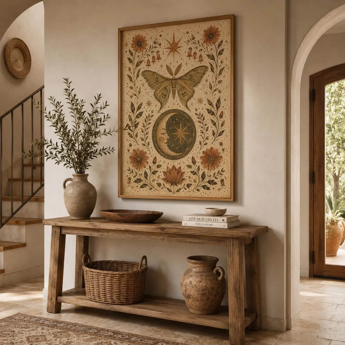 Celestial moth wall art print featuring a crescent moon, stars and vintage botanical flowers in warm earthy tones.