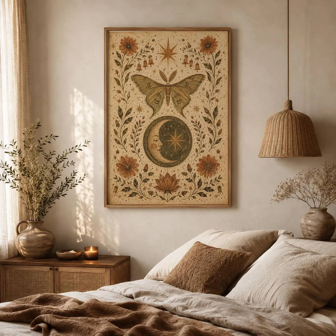 Mystical botanical wall art featuring a moth, crescent moon and stars displayed in a natural timber frame.