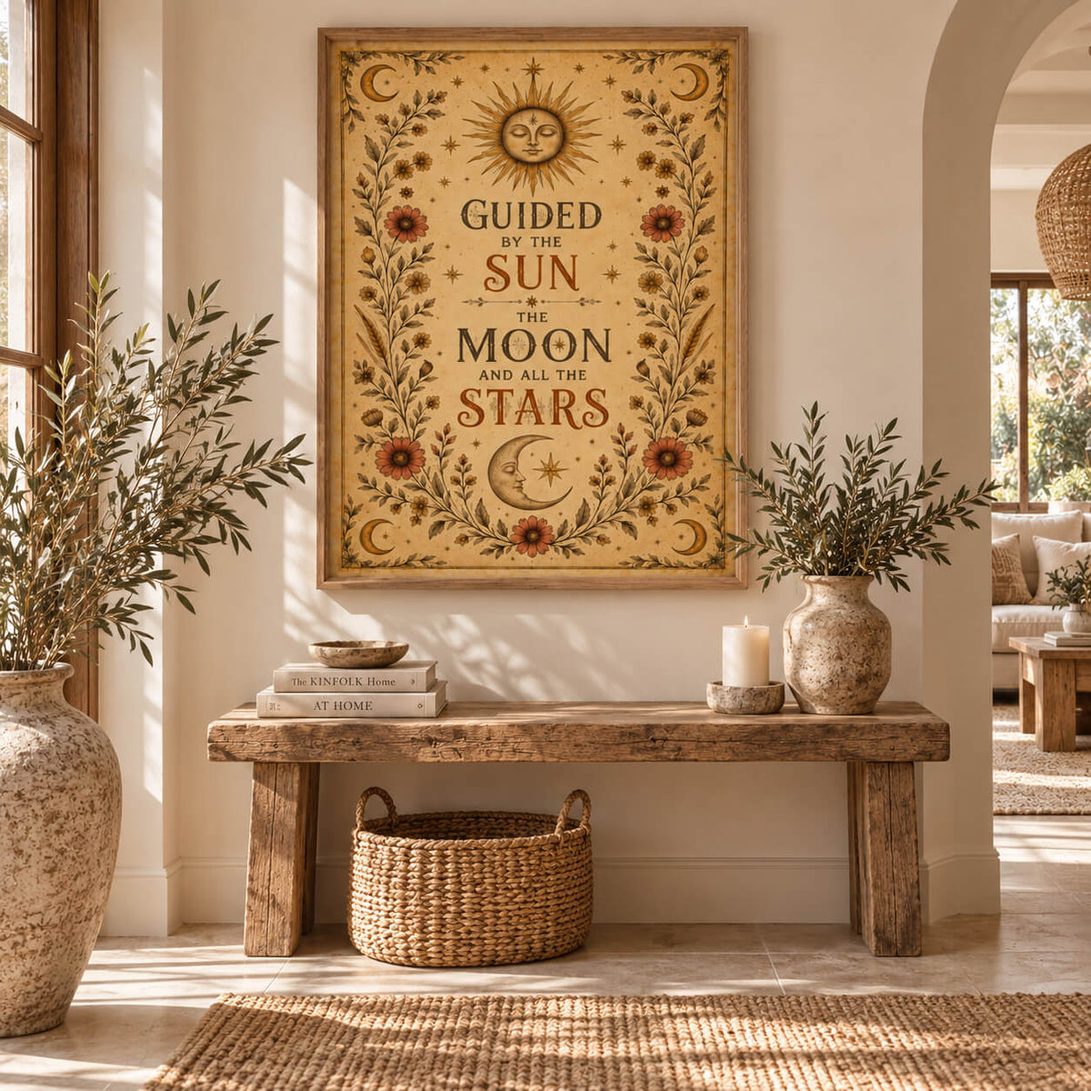 Celestial sun moon and stars wall art displayed in a natural timber frame above a bed in a warm boho bedroom.