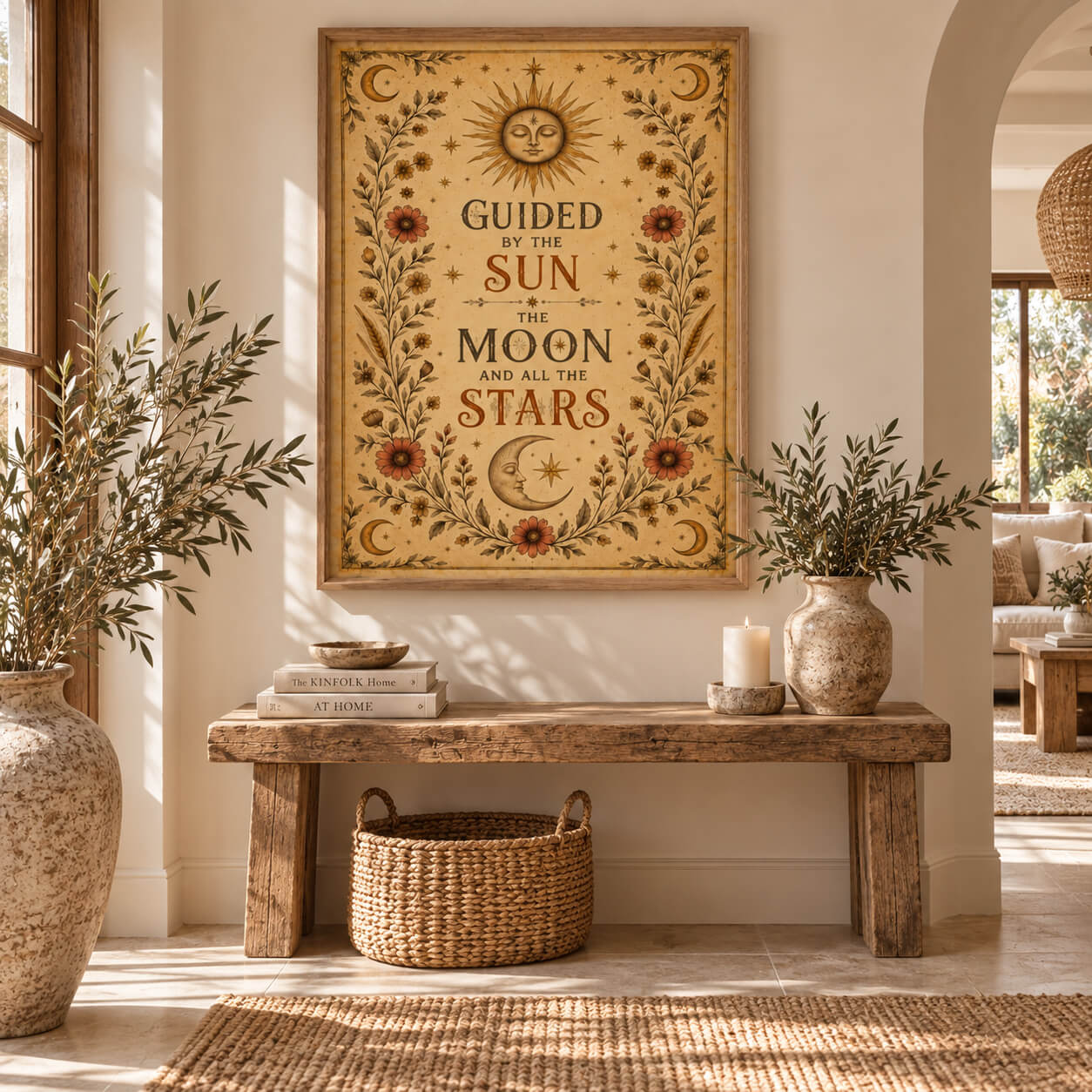 Celestial sun and moon wall art print featuring stars, botanical vines and vintage floral details in warm earthy tones.
