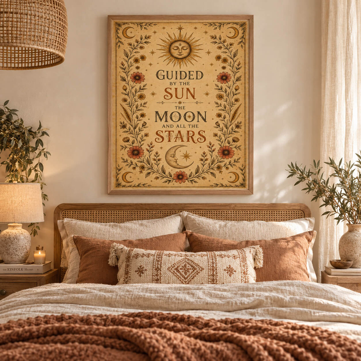 Large celestial wall art print featuring vintage sun, moon, stars and botanical details displayed in a natural timber frame .