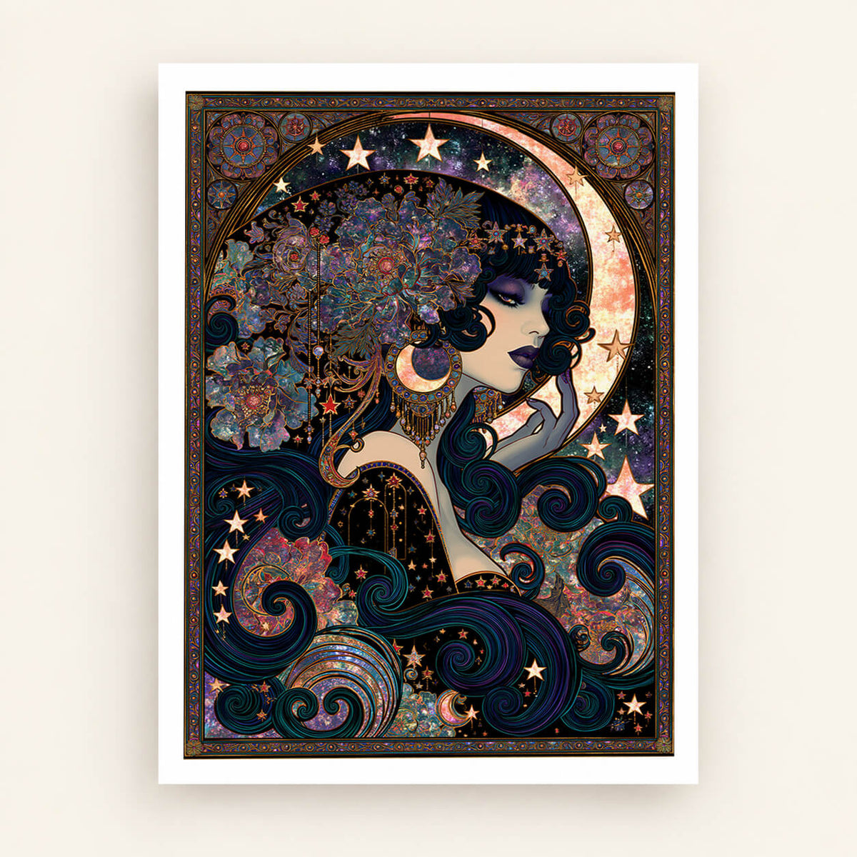 Celestial goddess art print displayed on fine art paper with moon, stars and ornate mystical details