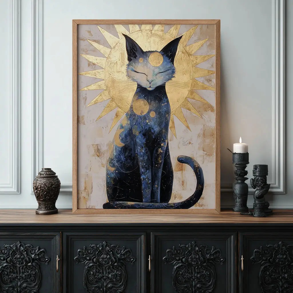 Mystical cosmic cat illustration, astrology-inspired decor