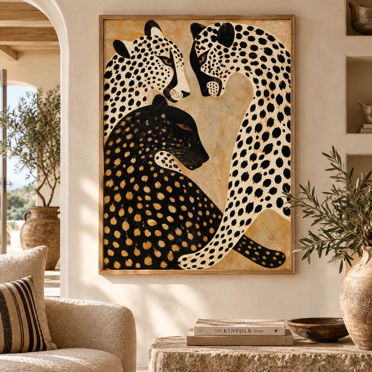 Maximalist animal wall art featuring three graphic leopards with hand painted texture and spotted patterns
