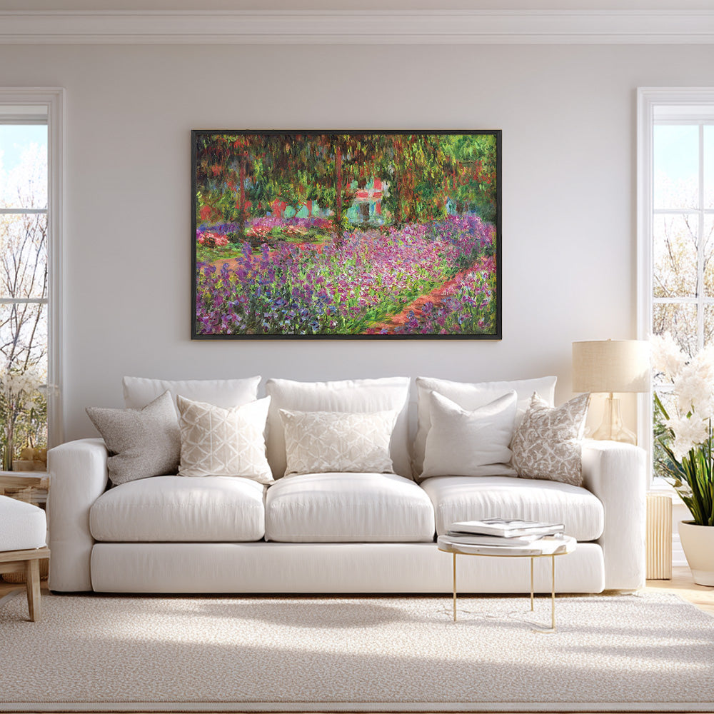 Claude Monet Garden at Giverny wall art print in black frame, living room display