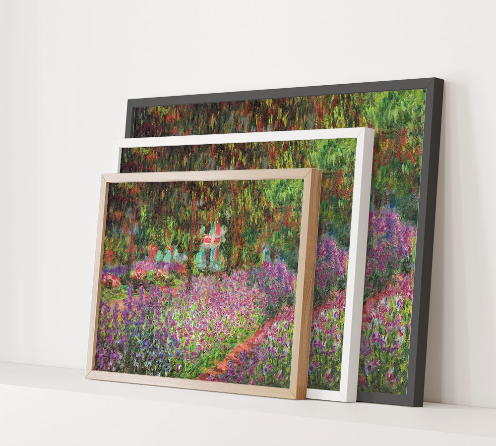 Claude Monet Garden at Giverny wall art print framed, stacked display showing black, white, and oak frames