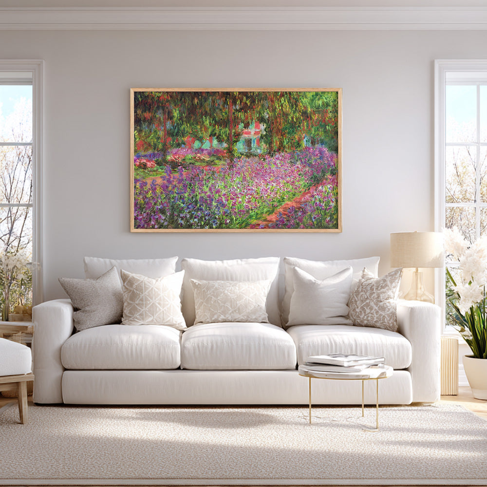 Claude Monet Garden at Giverny wall art print in oak frame, living room display