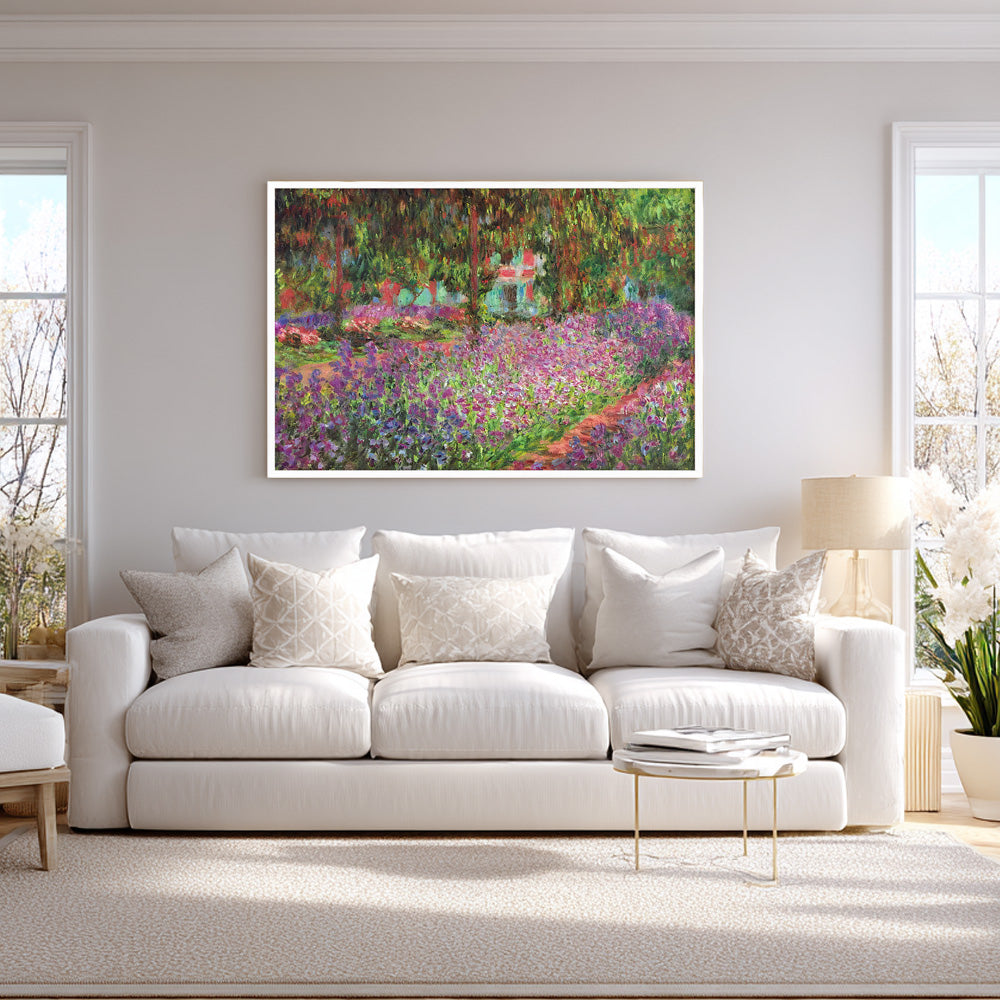 Claude Monet Garden at Giverny wall art print in white frame, living room display