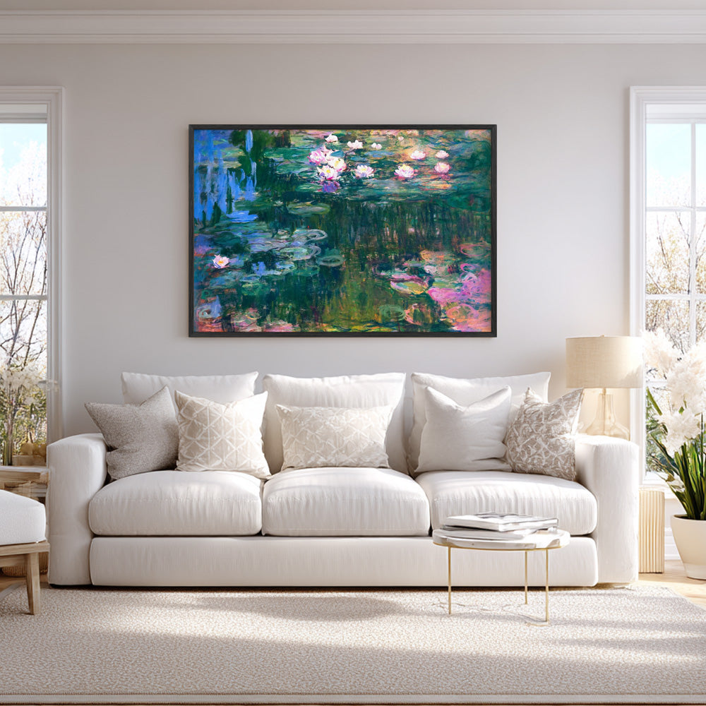 Claude Monet Water Lilies wall art print in black frame, living room display
