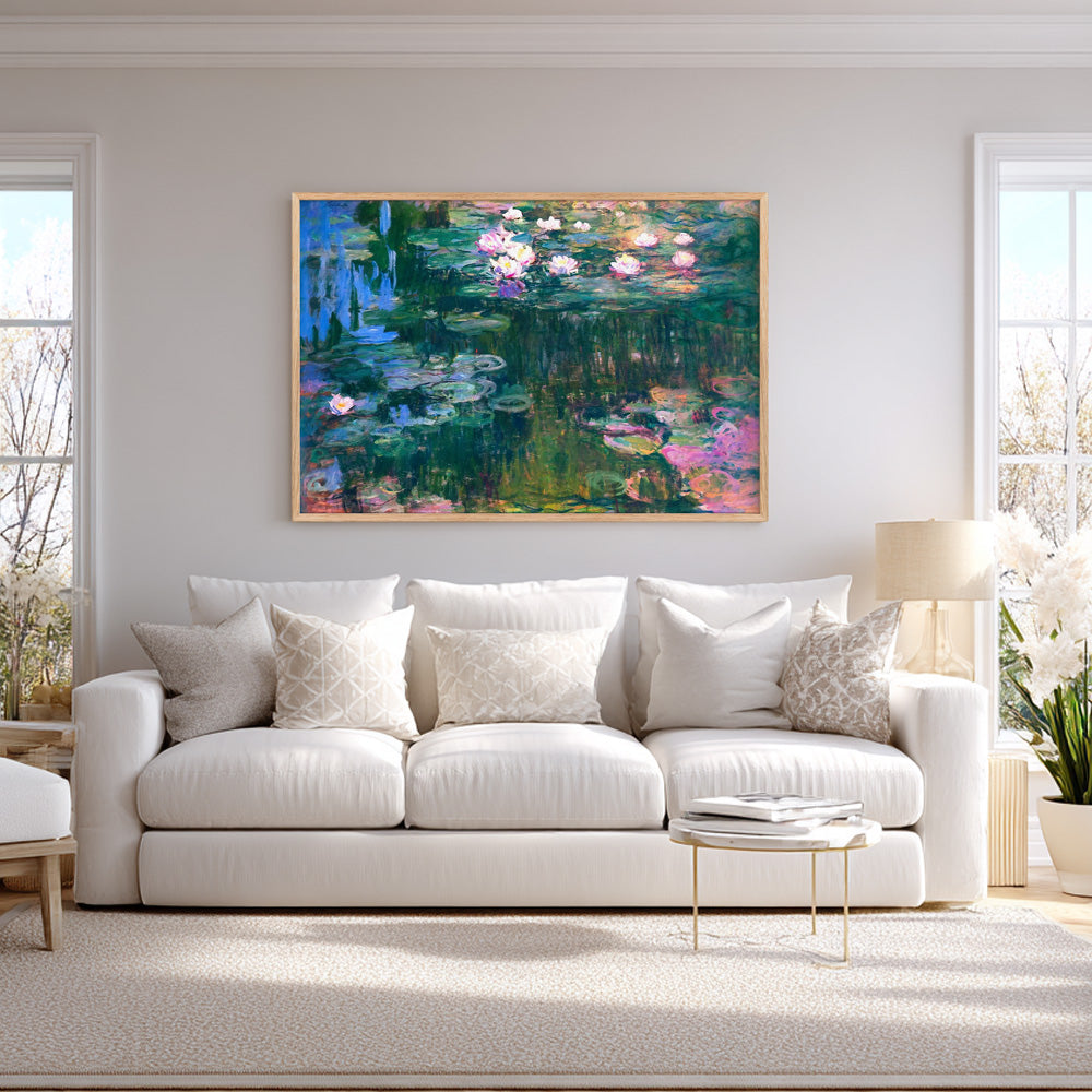 Claude Monet Water Lilies wall art print in oak frame, living room display