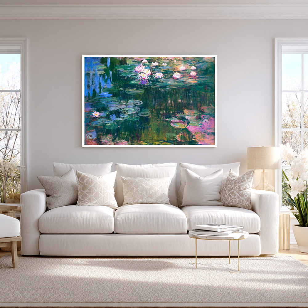 Claude Monet Water Lilies wall art print in white frame, living room display