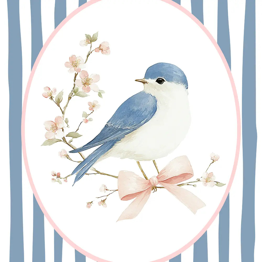 close up image of blue bird on a branch with a pink ribbon 