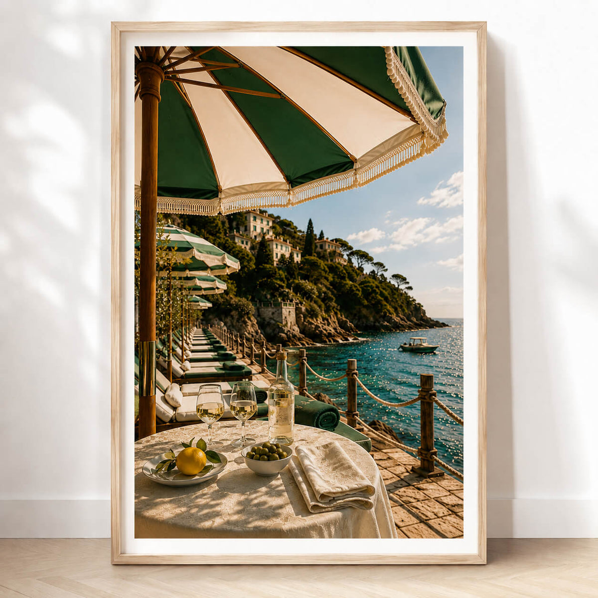 Italian coastal wall art featuring a luxury seaside beach club with green umbrellas