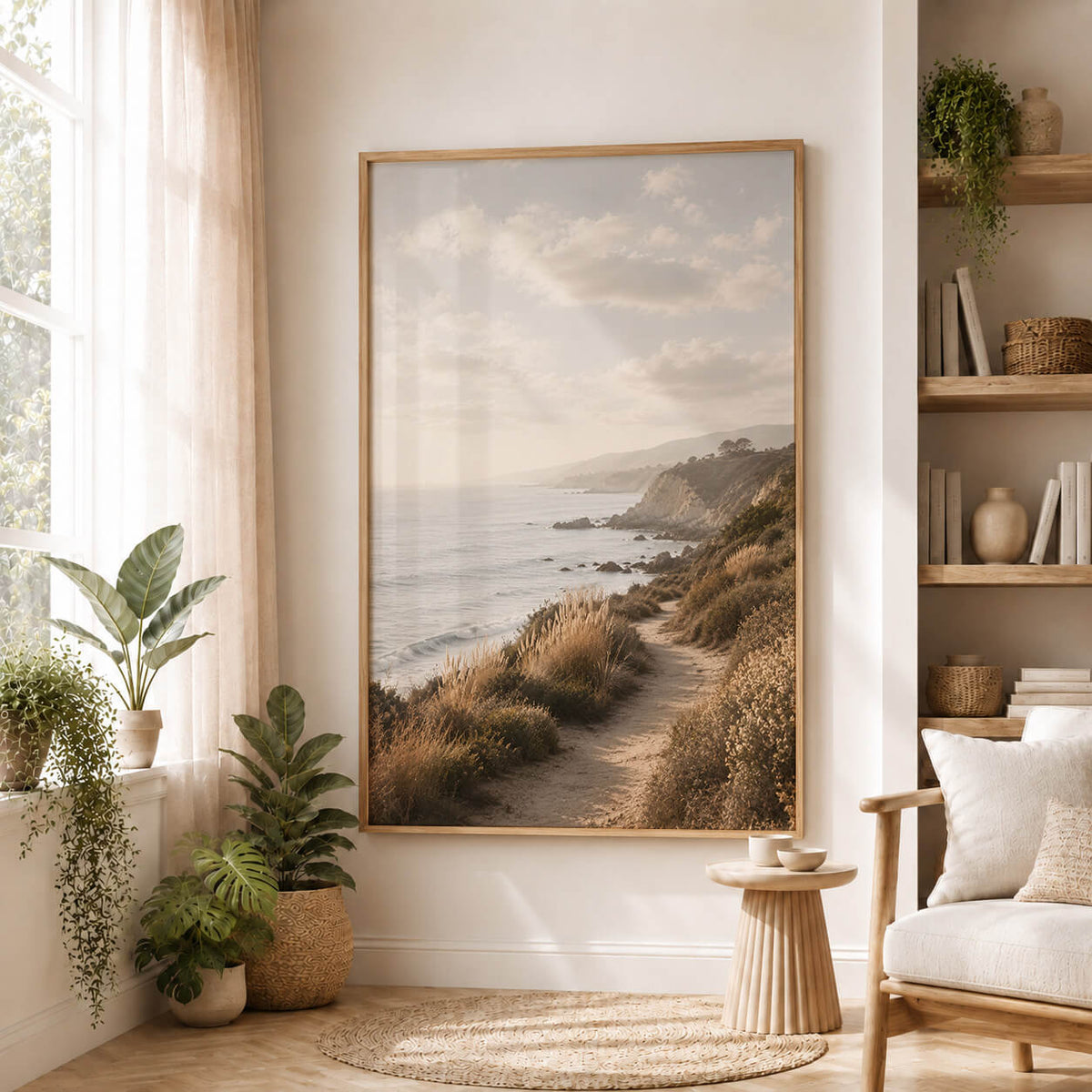 Organic modern coastal wall art in beige and blue tones