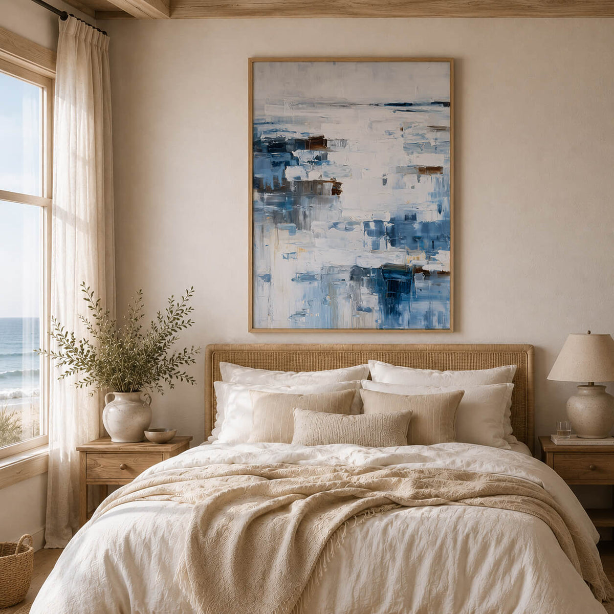 Coastal inspired blue abstract wall art styled for Hamptons and modern homes