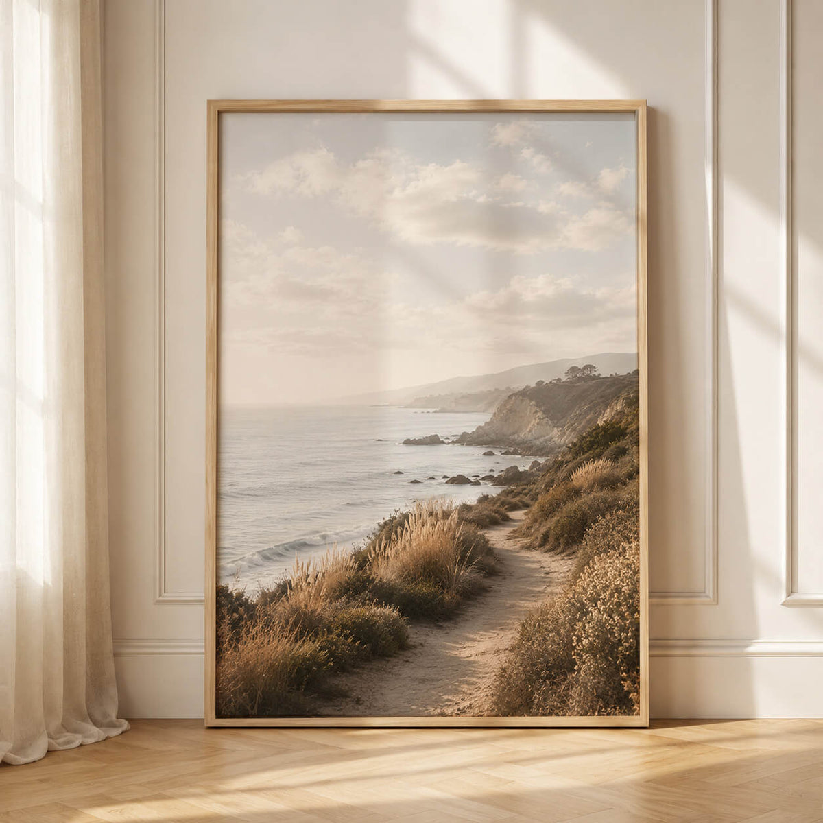 Neutral coastal landscape print with soft ocean cliffs
