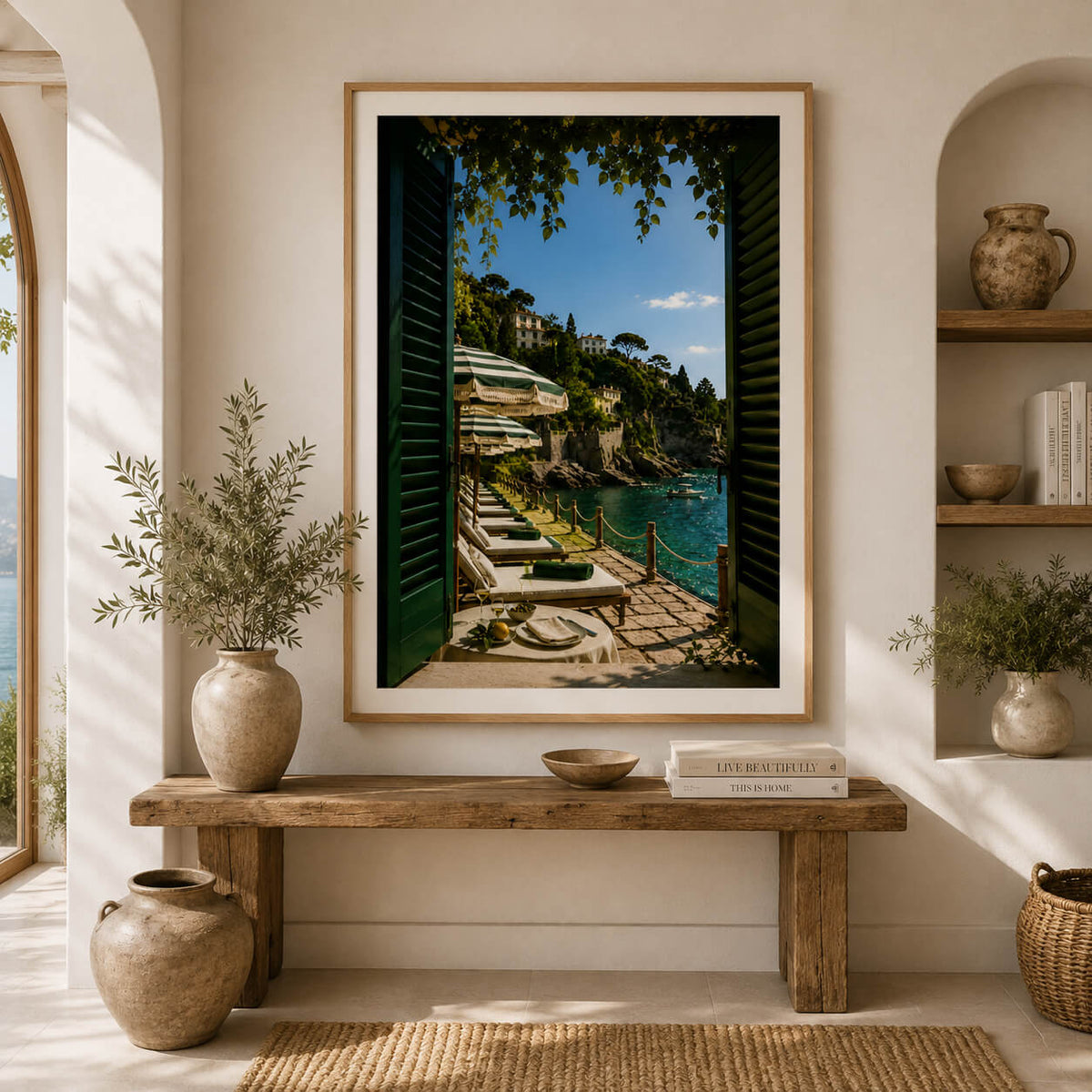 Italian coastal wall art featuring green shutters, striped umbrellas and Mediterranean sea view