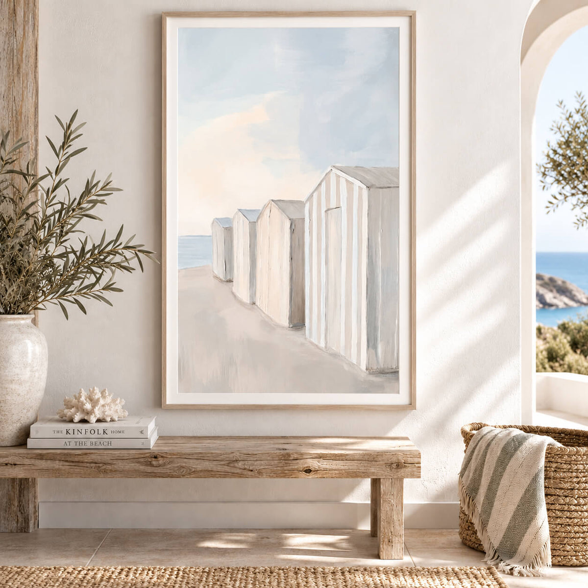 Beach hut wall art in a natural timber frame displayed in a light coastal living room

Entryway mockup: