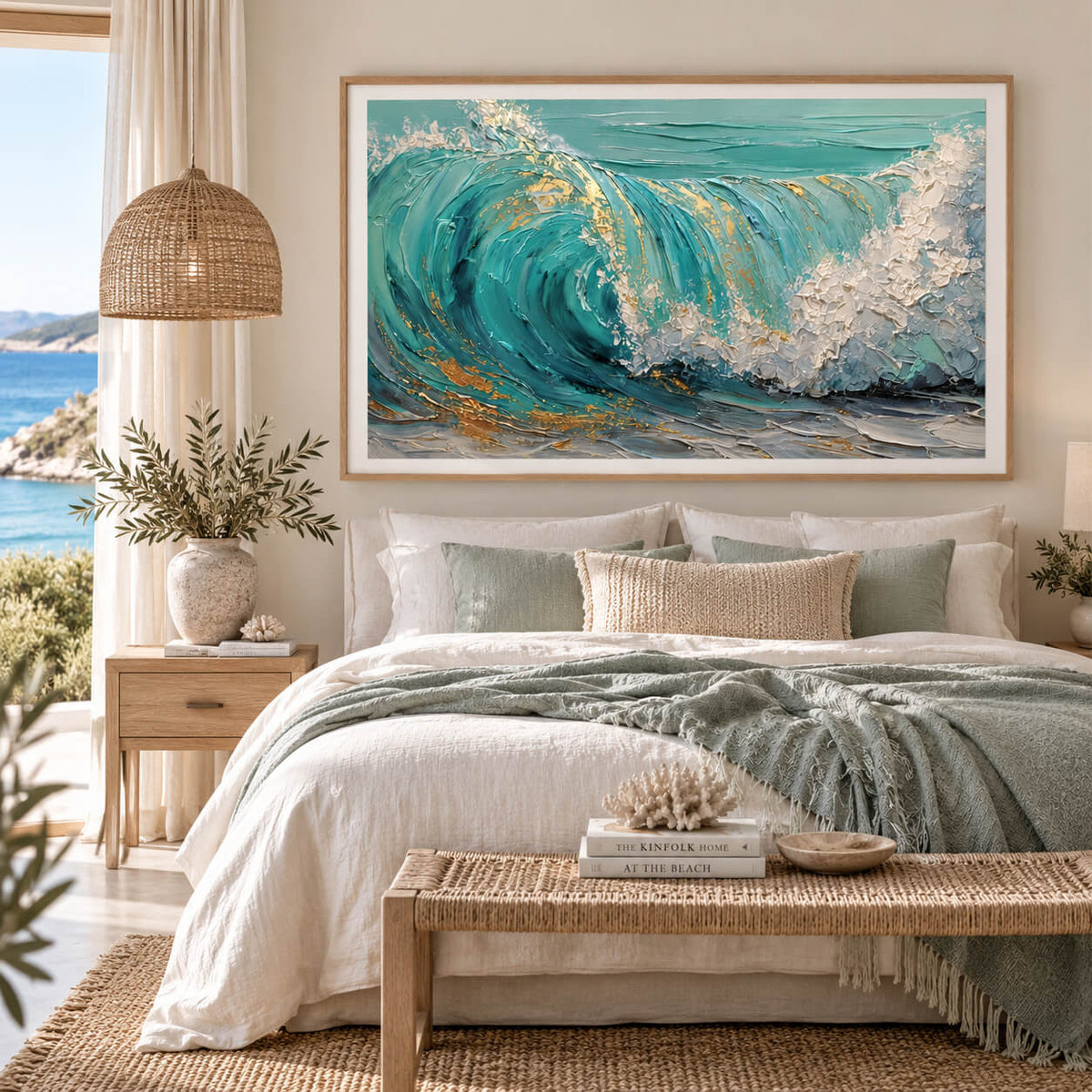 Coastal wave wall art in a natural timber frame displayed in a light neutral coastal living room