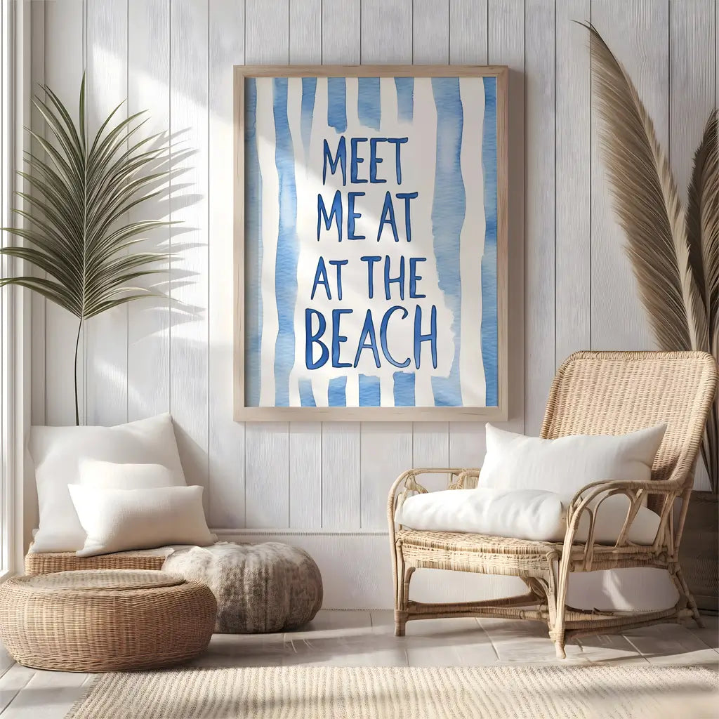 Striped coastal typography print reading “Meet Me at the Beach