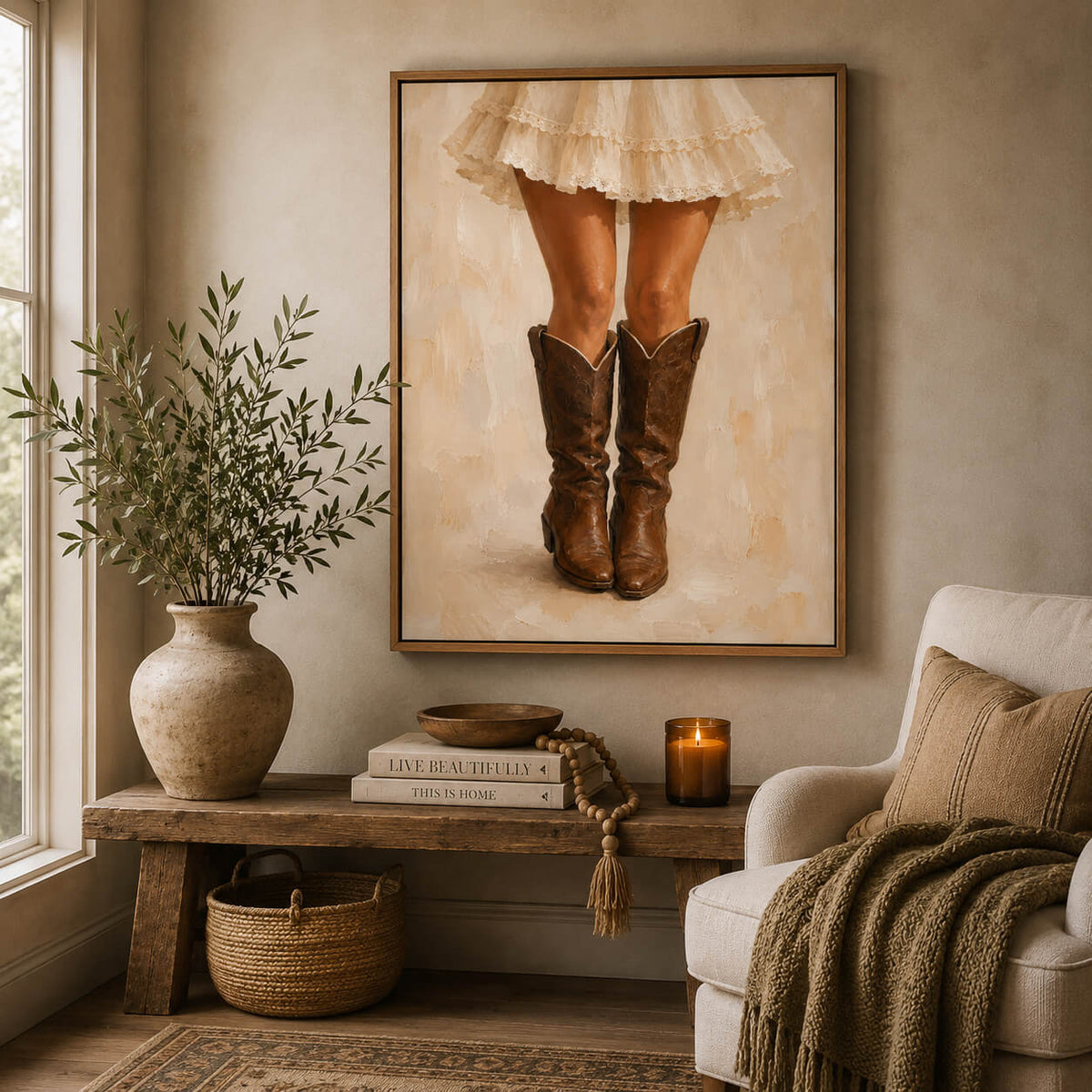 Western boots artwork framed in oak for bedroom or living room styling