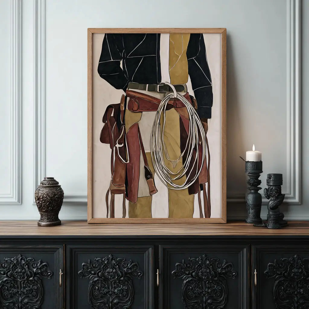 Western cowboy silhouette wall art print in neutral tones for rustic or modern décor