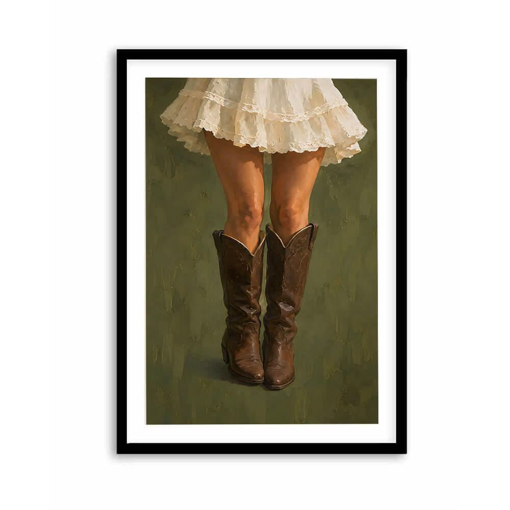 Western cowgirl boots wall art with olive green background.