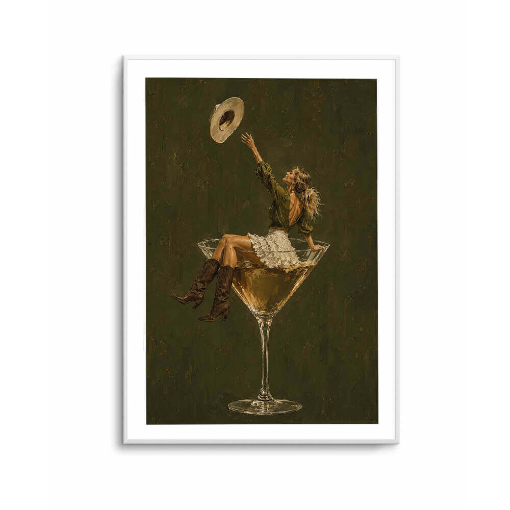 Western wall decor featuring cowgirl reaching for white cowboy hat
